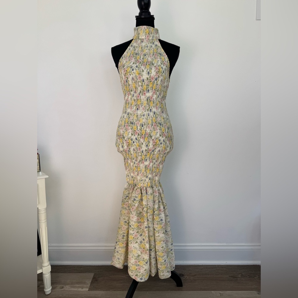 Derby Girl Floral Halter Smocked Mermaid Maxi Dress - Cream Yellow Pink